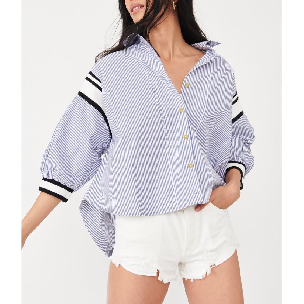 NWT Free People Sport Stripe Button Down / Blue Combo